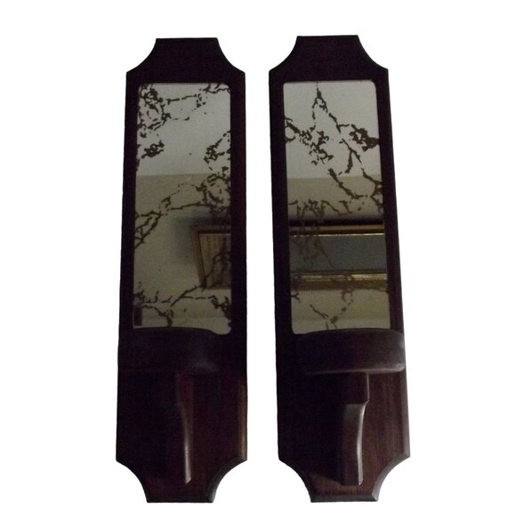 Wood Sconce (lot of 2) mirror crackled gold MCM candle votive holder 15" vintage - Picture 1 of 12